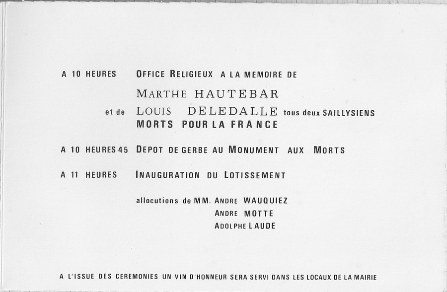 2 Invitation à l'inauguration du  lotissement (11 novembre 1970)